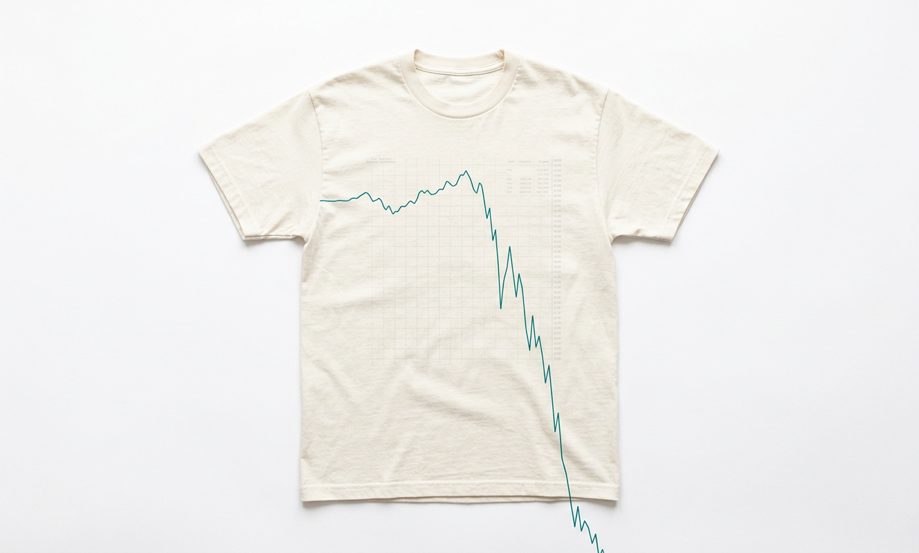 Sample off-white tee with a teal share-price line that climbs, then falls off the bottom hem