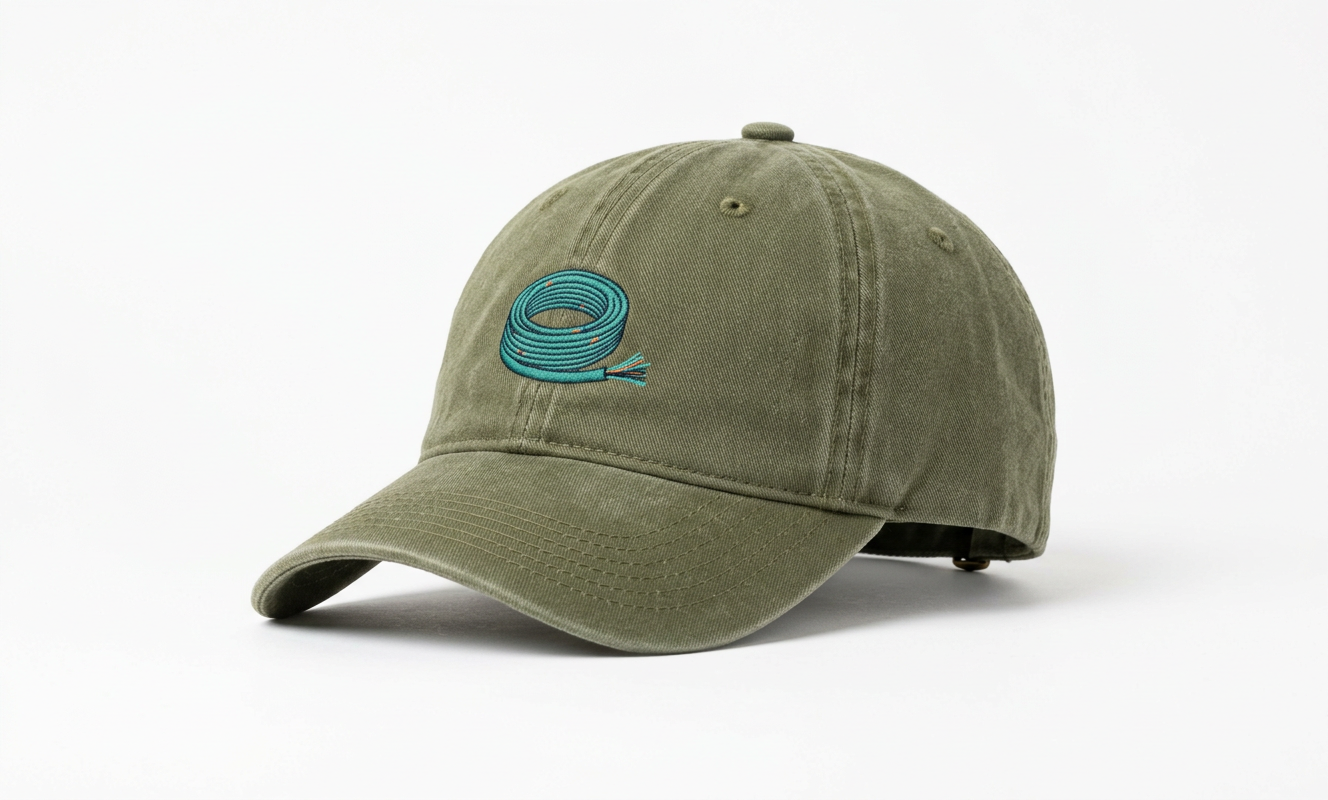 Sample olive cap with an embroidered coil of teal cable, its end cut