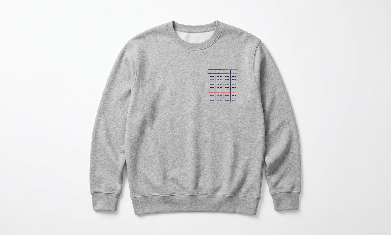 Sample heather grey crewneck with a small embroidered ledger table, one row struck through in red