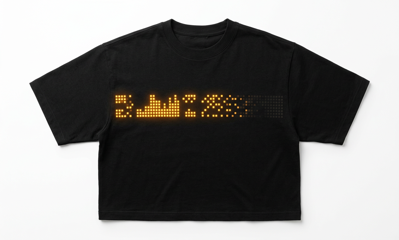 Sample black tee with an amber stock-ticker strip that fades out to the right