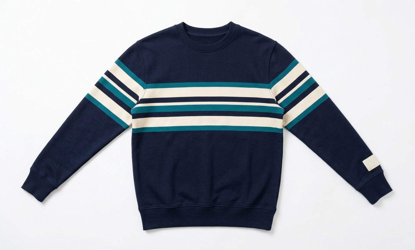 Sample navy crewneck with cream and teal stripes in the style of an old annual report cover