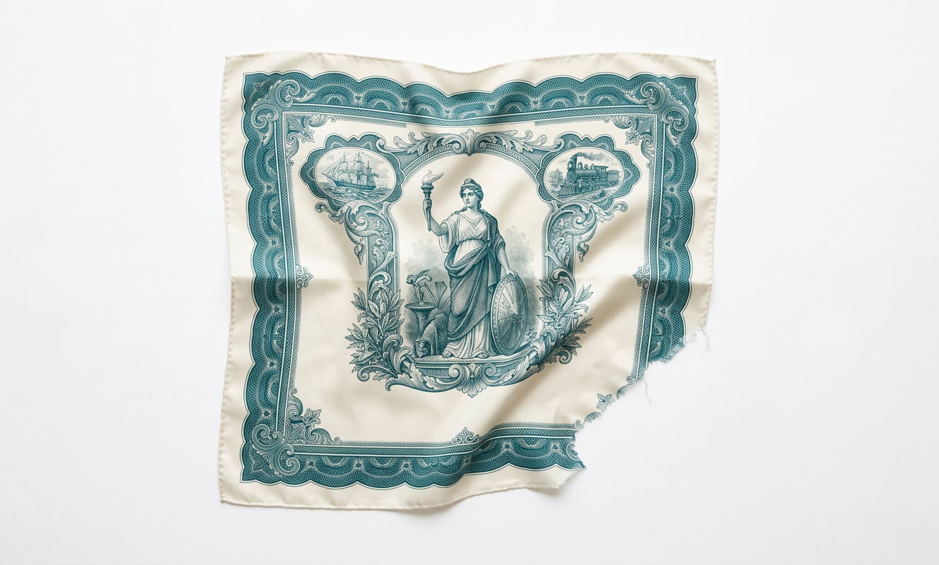 Sample silk scarf printed like an engraved stock certificate with one corner torn away