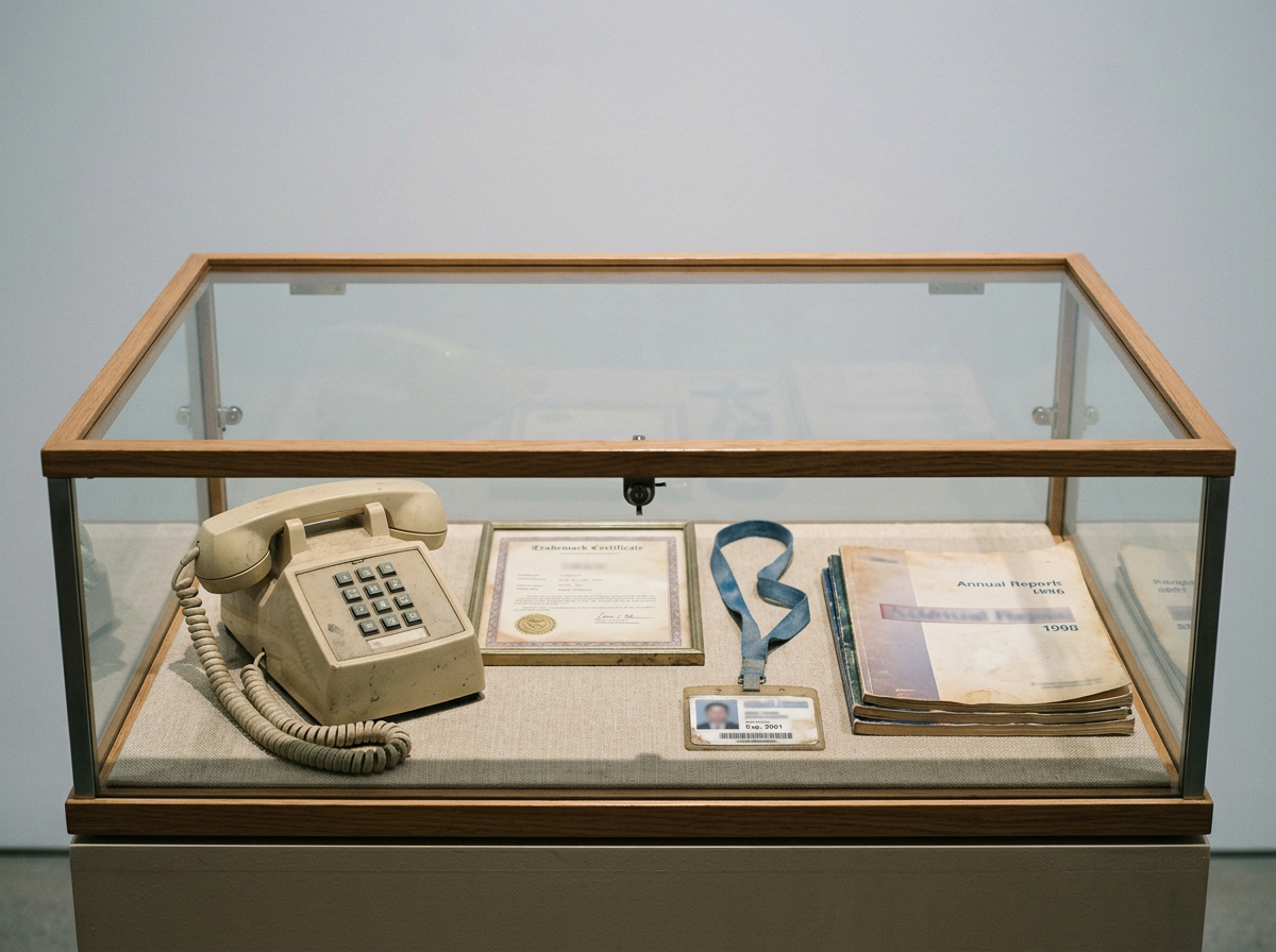 Sample picture of a glass museum case holding an old desk phone, a framed certificate, an ID badge and annual reports