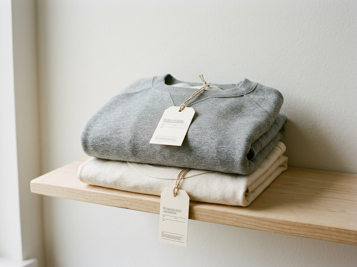 Sample picture of a folded grey crewneck and an off-white tee on a shelf, each with a paper catalogue tag