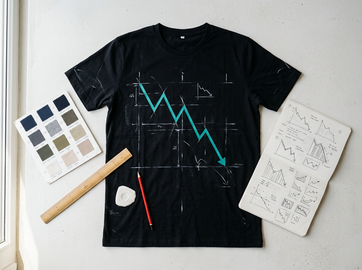 Sample picture of a black tee marked with chalk and a teal falling-line graphic, beside fabric swatches and sketches